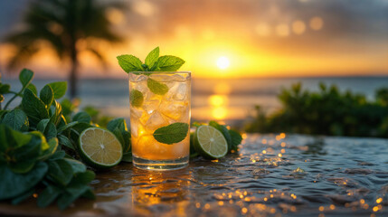 Close-up of a mojito cocktail at the bar of a summer bar in the summertime