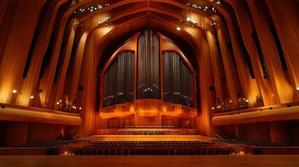 Obraz premium Ornate wooden pipe organ in a grand concert hall.