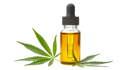 Transparent background showing cbd oil bottle with hemp leaves