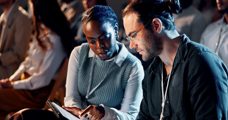 Business people, audience and talking with tablet at seminar for corporate training or learning....