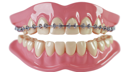 Realistic 3d model of teeth showing braces on transparent background