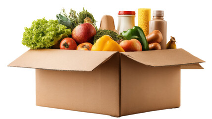 Cardboard box overflowing with fresh groceries on transparent background