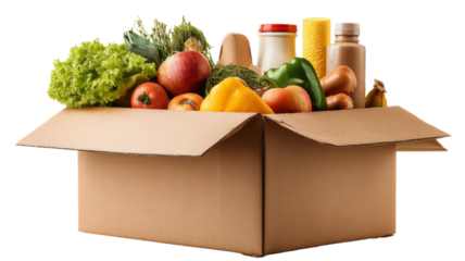 Cardboard box overflowing with fresh groceries on transparent background