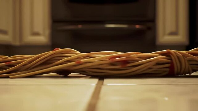 Dropped Spaghetti Bundle with Red Sauce Splatter on Kitchen Floor Panning Shot