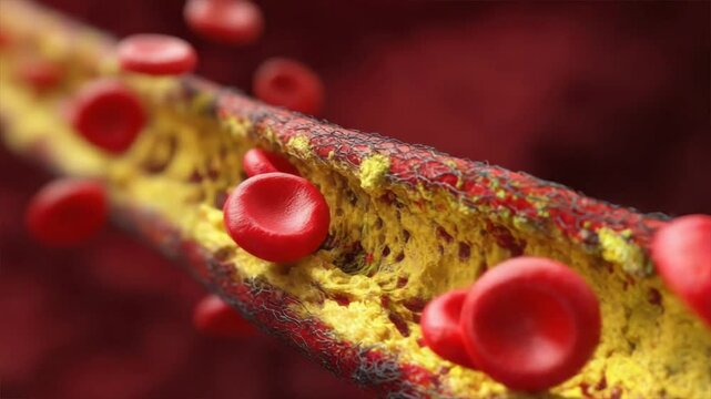 Red blood cells flowing through a tight artery, showing blood pressure, blocked flow, hemoglobin at work, and energy moving with oxygen
