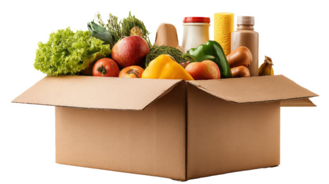 Cardboard box overflowing with fresh groceries on transparent background - Powered by Adobe