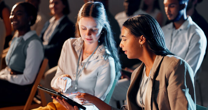 Business women, audience and talking with tablet at convention for corporate training or learning. Finance expo, people and forum speech at team building event for career development and networking
