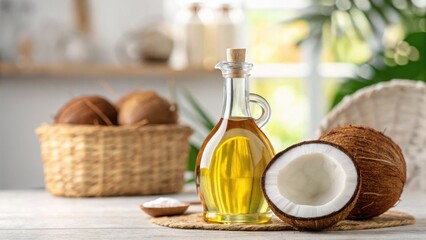 MCT Oil Coconut oil in a bottle beside a halved coconut on a wooden table with a basket in the background.