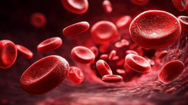 Multiple red blood cells flowing inside blood vessel, showing oxygen delivery, hemoglobin activity, and body energy in motion