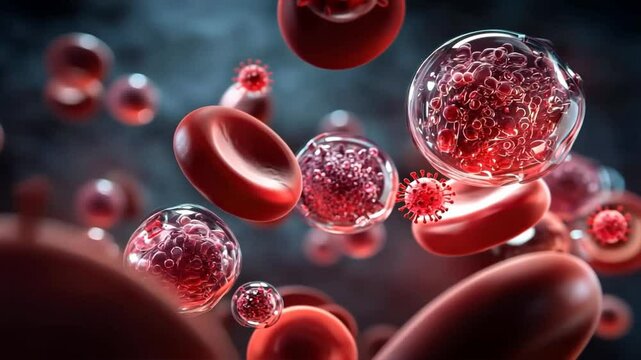 Red blood cells with floating virus particles in body stream, oxygen flow and hemoglobin reaction shown, health and energy inside human bloodstream
