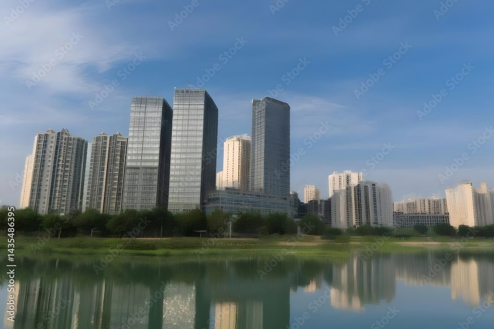 Aufkleber 晴れた青空の下 湖畔に建つ近代的な高層ビルの風景 鮮やかな青と緑の調和 美しい都会の景色