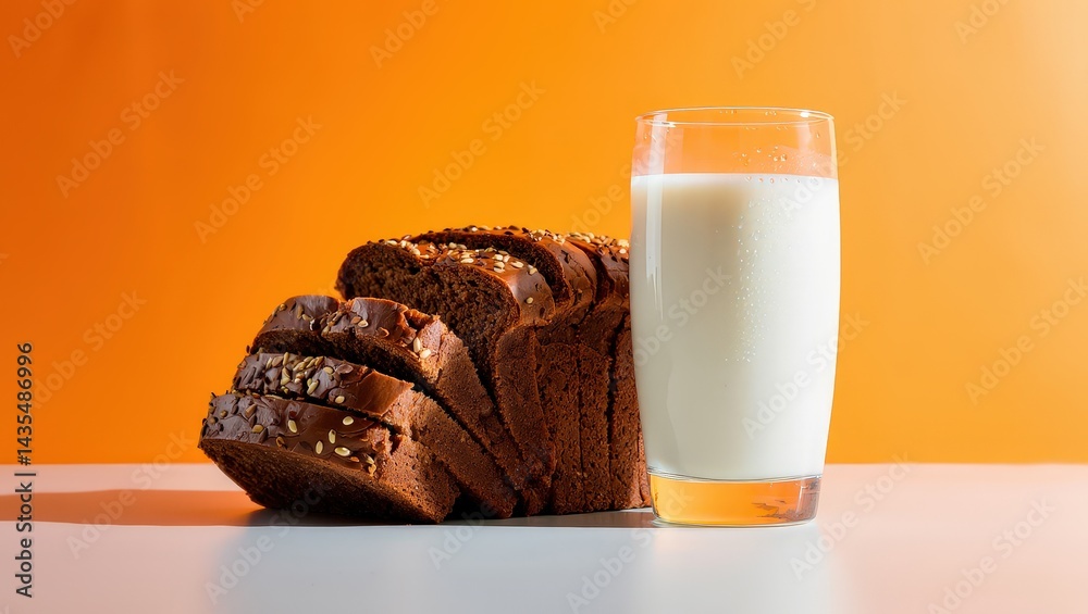 Poster a slice of bread with nuts on top next to a glass of milk.