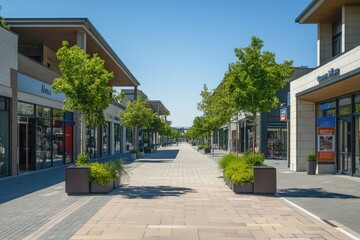 Empty, sunlit outdoor mall pathway lined with shops and trees