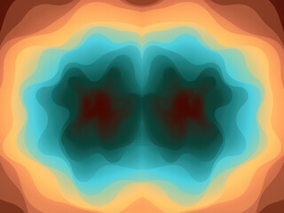 Abstract digital symmetrical composition with smooth, layered curves reminiscent of relief waves. Color palette consists of soft oranges and blues. 3d rendering