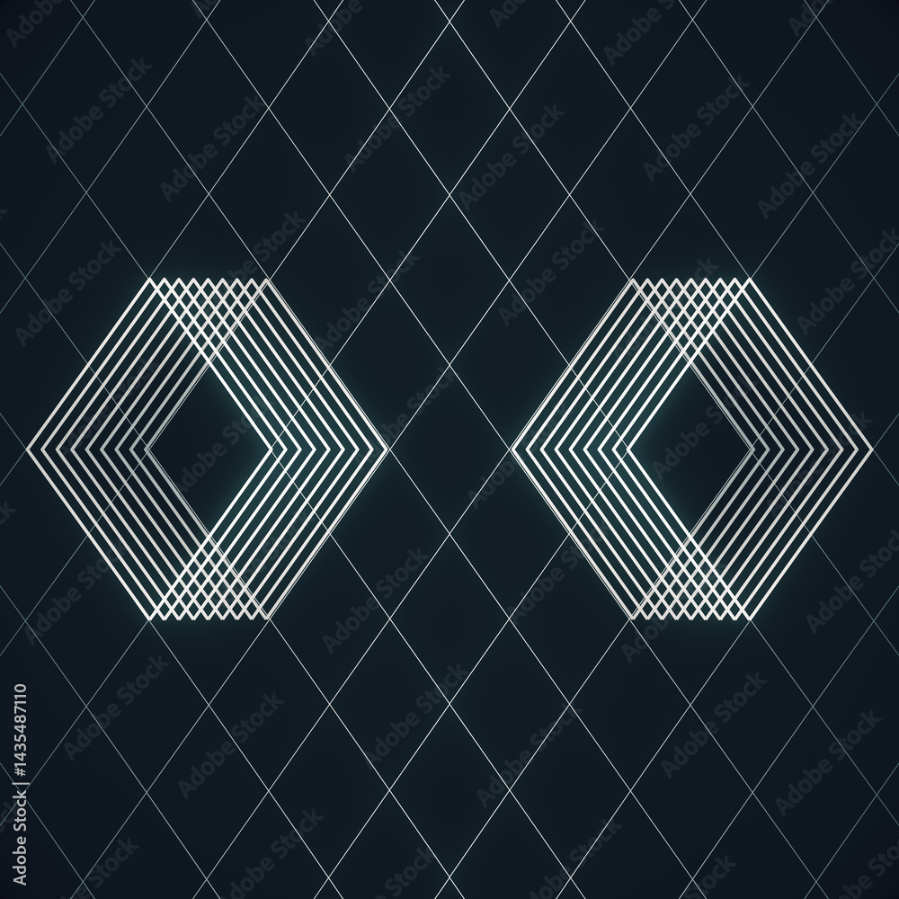 Poster Symmetrical digital illustration of hexagonal patterns of thin white lines on a dark grid of diagonal lines. The style is minimalist with cyber art elements. 3d rendering