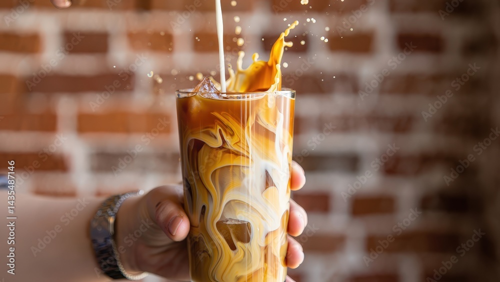 Poster a hand holding a cup of coffee with latte art on top, the foam is being poured into it from another 