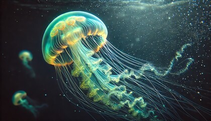An jellyfish swimming in the ocean underwater with bioluminescent blue light