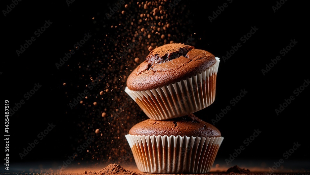 Poster two chocolate cupcakes with powdered sugar falling from one of them.