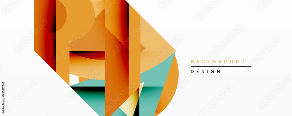 Poster Abstract geometric composition. Overlapping shapes create dynamic visual effect. Warm orange, teal hues dominate design. Minimalist style, modern aesthetic.