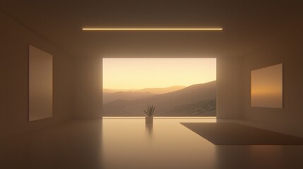 A minimalist room with a large window, a plant, and a rug.