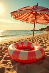 Colorful beach scene with striped umbrella and lifebuoy on sandy shore © Elena