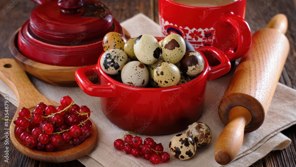 Poster A red pot filled with brown eggs, surrounded by berries and a wooden rolling pin on a rustic table.
