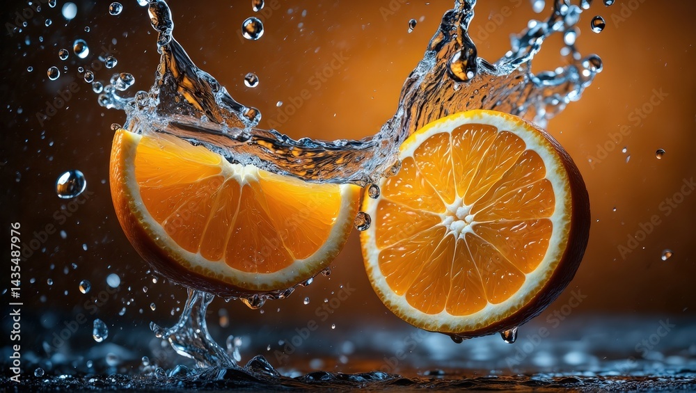 Poster two oranges being squeezed under water, creating droplets around them.