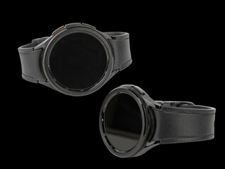 A pair of elegant black smart watches with a leather strap on a black background.