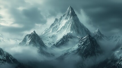 Majestic snow-capped peaks rise above a cloudy landscape.
