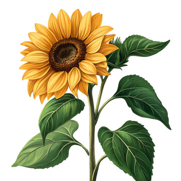 Yellow Sunflower with Green Leaves Isolated on Transparent Background | Sunflower PNG Clipart