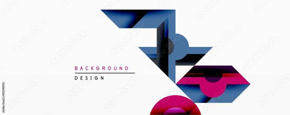 Poster Abstract geometric design features layered shapes. Blue, pink gradients create dynamic visual effect. Minimalist composition suits modern backgrounds, presentations. Clean lines, bold colors dominate.