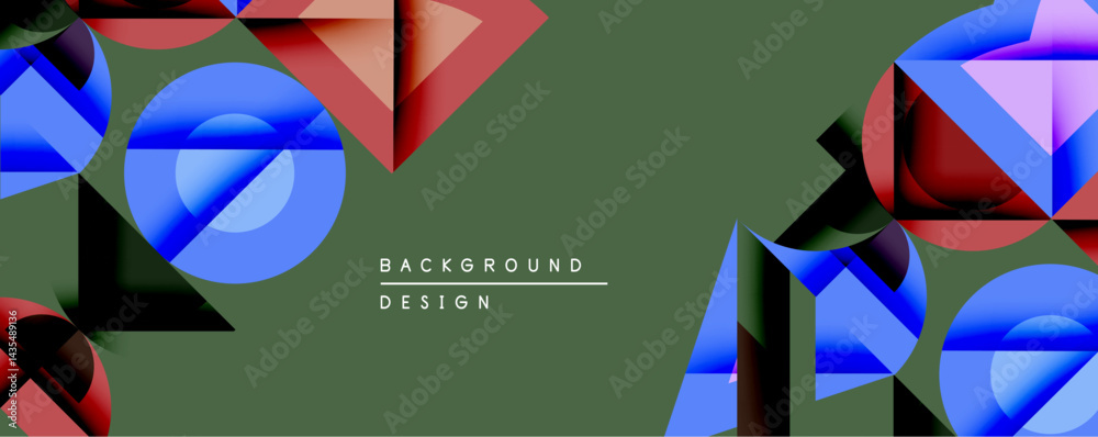 Poster abstract geometric shapes dominate composition. blue, red, black elements contrast against muted gre