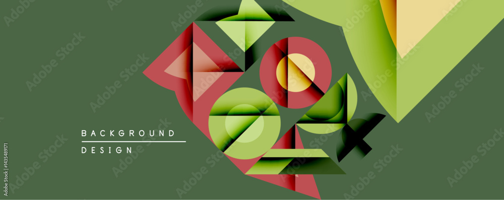 Fototapete abstract geometric composition. overlapping layers create depth, using red, green, yellow hues. mode