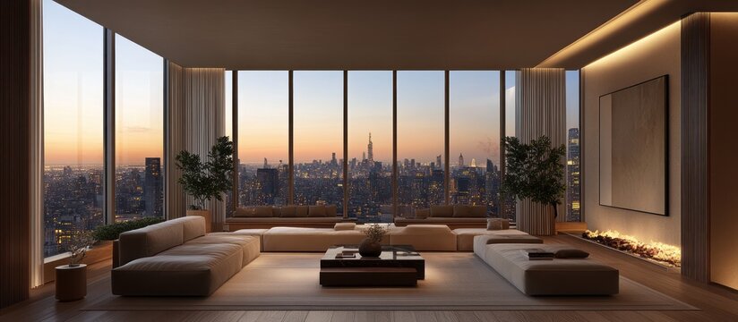 Modern penthouse living room with city skyline view