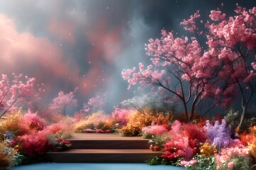 幻想的な桜並木と階段のある庭園の風景 ピンクの花と霞のかかる背景 鮮やかな色彩の美しい春の光景