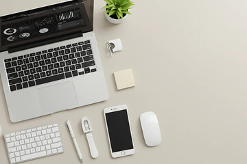 Modern Tech Flat Lay with Laptop, Smartphone, and Gadgets on Minimal Desk
