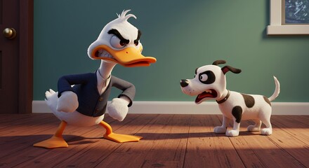 Animated duck and dog arguing in interior setting