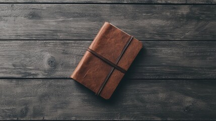 A brown leather journal with a black leather binding.