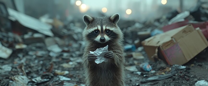 Raccoon holding paper standing in debris urban wildlife scavenger animal adaptable resourceful mammal