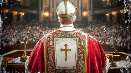 Obraz premium Papal figure from behind addressing crowd in solemn speech after election during conclave at the Basilica. Generated with AI