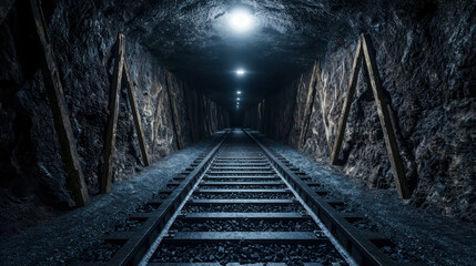 Naklejka premium Dark Abandoned Mine Tunnel with Railway Tracks and Bright Overhead Lights Illuminating Walls