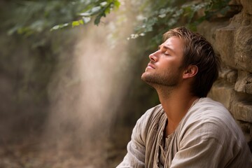 a young man with closed eyes sits in a meditative pose by a stone wall under rays of light breaking through foliage, symbolizing inner peace, spirituality, and connection with nature
