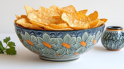 A large floral bowl overflows with crispy tortilla chips