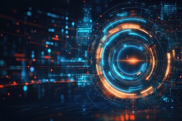 A glowing blue and orange circular interface with data streams
