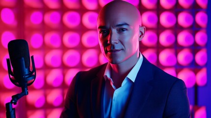 Humanoid Journalist with Microphone in Vibrant Lighting