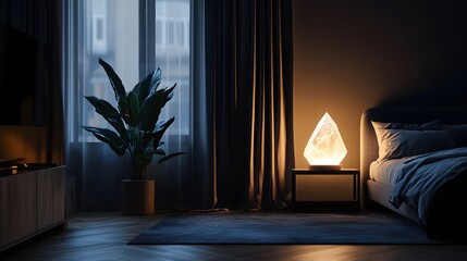 Viral crystal lamp illuminating a dark minimalist bedroom