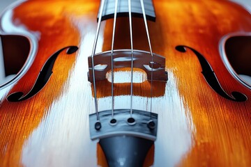 Close-up of a beautifully crafted violin showcasing its polished wood and strings