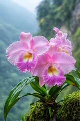 Charming pink Cattleya orchids with dew drops bloom on a mossy branch against a blurred tropical forest background, showcasing the delicate beauty and freshness of exotic flowers
