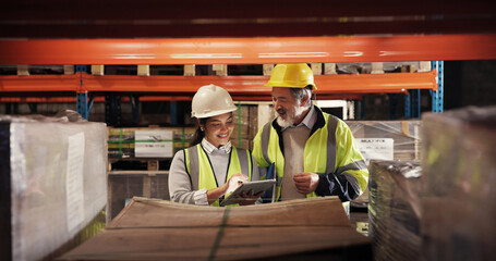 People, logistics team and tablet in warehouse for inventory inspection, stock check and planning. Digital technology, collaboration and shipping discussion with happy supervisor for supply chain