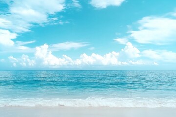 Obraz premium Beautiful tropical beach with blue sky and white clouds abstract texture background. Copy space of summer vacation and holiday business travel concept. Vintage tone filter effect color style.